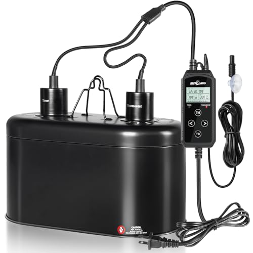 REPTI ZOO Reptile Light Fixture with Thermostat and Timer, Dual Deep Dome Fixture with PID Reptile Dimming Thermostat Switching Thermostat Heat Lamp Temperature Controller and Timing Function