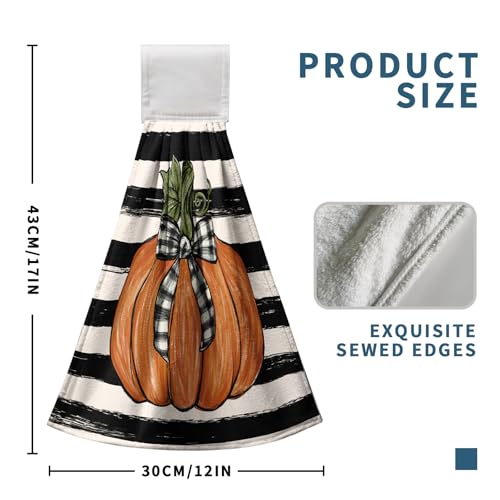 Fall Pumpkin Maple Leaves Kitchen Towels with Hanging Loop Autumn Thanksgiving Stripe Hand Tie Towels Soft Absorbent Fingertip Bath Towel Oven Stove Dish Washcloths Set of 2 - color: Fall Stripe