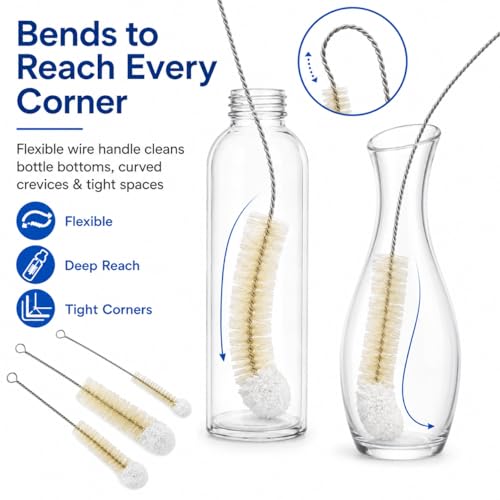 Multi-Use Bendable Bottle Brush Set - Small Crevice Cleaning Brushes for Hydro Flasks, Wine Bottles & Small Containers