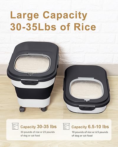 20-30 Lbs Rice Storage Container,Collapsible Food Storage Container | Flour Storage Container with Wheels Airtight Locking Lid,Rice Container Double Seal,Keep Fresh for Pet Food,Rice,Flour - color: Black/20-30LBS