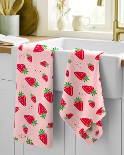 150GSM Flour Sack Kitchen Towels Set of 2, Line Strawberry | 18"x26", Lightweight, Lint-Free, Pure Cotton, Decorative, with Hanging Loop, Absorbent, Softer after Wash, Giftable Package - color: Line Strawberry