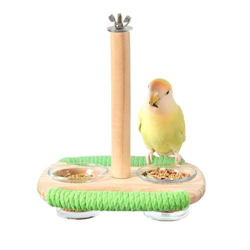 Bird Feeder & Perch – Includes Cotton Rope Perch and 2 Glass Feeding Cups – Cage Accessory for Cockatiels, Budgies, Lovebirds, Conures, Canaries, Finches, and Small Parrots