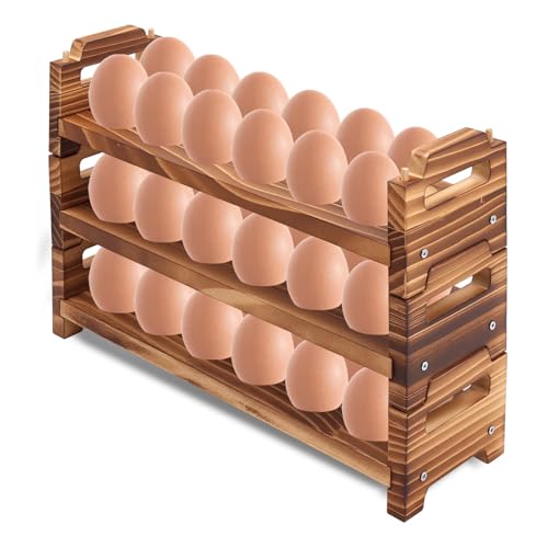 Wooden Egg Holder Countertop, 3 Layer Stackable Fresh Egg Display Storage Rack Organizer Stackable egg storage Easter Basket Farmhouse Egg Storage Basket with Handles Fits Duck Turkey Chicken Eggs