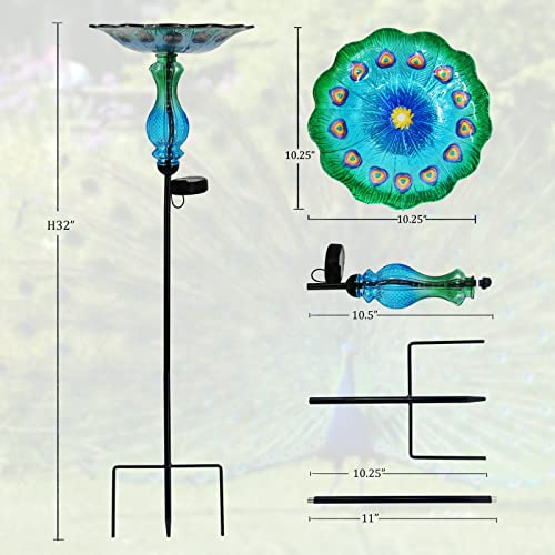John's Studio Peacock Bird Bath for Outdoor - Glass Bowl Solar Light Cage Outside Dish Bird Feeder with Metal Stake for Garden, Yard and Patio - 32 inches - color: Peacock Stake