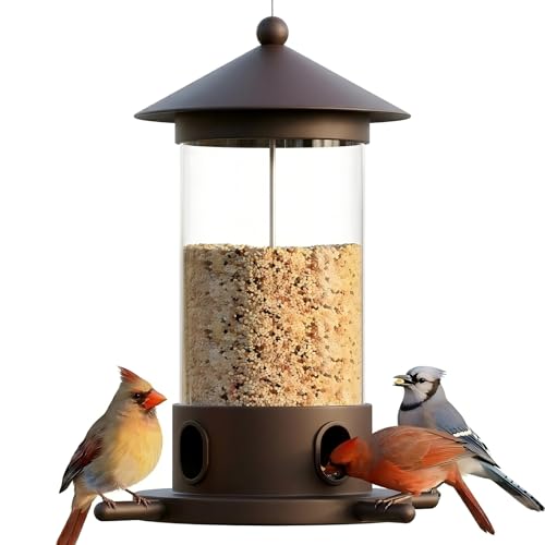 Metal Bird Feeder for Outdoor Hanging - Premium Iron Wild Bird Feeders, Bronze Heavy Duty Iron with Drainage Holes, One-Handed Refill Sliding Roof, Elegant Minimalist Garden Decor