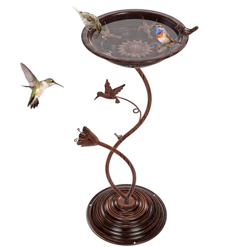 Bird Bath Garden for Outside, Vintage Metal Birdbaths Bowl with Roman Pedestal for Outdoors, Standing Bird Bath Bowl Birdfeeder for Yard Lawn Decor (Vintage Copper - Hummingbird) - color: Vintage Copper - Hummingbird