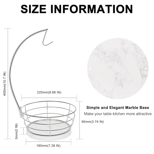 Livabber Countertop Fruit Basket Bowl with Banana Hanger, Modern Standing Fruit Vegetable Bowl Storage, with Banana Tree Holder for Kitchen Dinning Table (Round Marble, Chrome) - color: Chrome, style: Round Marble