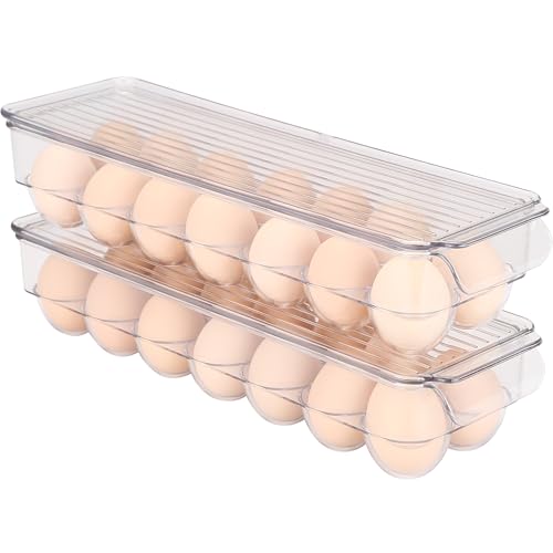 Sea Team Stackable Clear Acrylic Refrigerator Egg Tray, 14-Slot, 2-Pack | Transparent Design, Crystal Visibility, Lidded, Versatile Egg Organizer Dispenser for Fridge and Kitchen Countertop Storage - size: 14.6 x 4.3 x 5.5" / 2-Pack