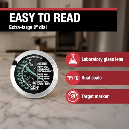 CDN Ovenproof Meat Thermometer – Glow Dial | ProAccurate® | 2" Easy-Read Dial | Waterproof, Recalibratable | For Oven Roasting, Poultry, Beef, BBQ | IRM200-GLOW - size: 2" Dial - Black