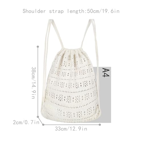 Lobagve Handmade Crochet Cotton Drawstring Backpack Boho Purse Leisure Daypack - color: Hollow Out-white