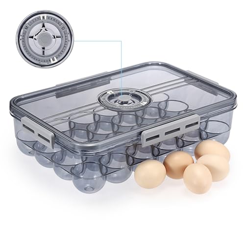 BSTKEY Egg Holder for Refrigerator, Egg Container with Time Scale, Egg Holder with Lid for Kitchen Storage, Stackable Tray for 24 Eggs - size: Hold 24 eggs