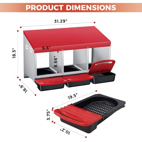 Chicken Nesting Box 3-Compartment Roll-Out with Pull-Out Trays, Egg Nesting Boxes for Hens, Chicken Coop Laying Box,Easy Wall Mounting with Metal Legs - color: red, size: 3 holes