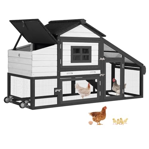 GUTINNEEN Chicken Coop with Wheels,Outdoor Hen House with Waterproof Asphalt Roof, Wooden Poultry Enclosure with Easy-Clean Slide-Out Tray,Poultry Cage with Nesting Boxes for Duck Rabbit Chicken-Black - size: 67.3"L x 26.0"W x 39.4"H