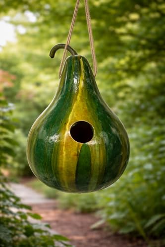 Green Striped Gourd Birdhouse, Hand Dyed Emerald Ink, 9–11 Inch Natural Gourd, 1.5" Entrance Hole for Wrens & Chickadees, Hanging Outdoor Bird House, Handmade Garden Decor