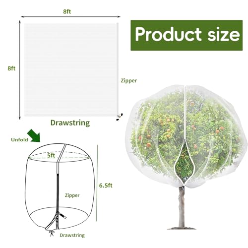 2Pcs 8x8ft Fruit Tree Covers with Zipper and Drawstring, Durable Garden Mesh Net to Protect Fruit Trees, Apple, Cherry, Peach Trees – Reusable, Lightweight - size: 8 X 8ft