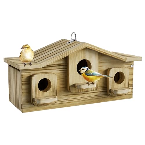 Auslar Bird House for Outside, 3 Hole Wooden Birdhouse for Outdoors Hanging | Bird Nesting Box for Bluebirds Cardinals Finches Wrens Swallows, Predator Guard, Perch & Hook, Garden Backyard Decor - style: Rectangular