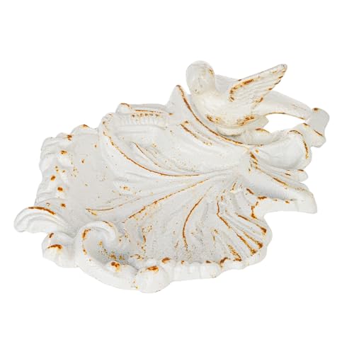 Sungmor Cast Iron Bird Feeder Dish, Rustic White Small Bird Feeding Tray | Decorative Leaf-Shaped Outdoor Bath Bowl Food Container for Garden, Patio or Yard - color: Rustic White