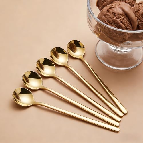 Long-handled Mirror-Finish Small Round Stainless Steel Spoon, Suitable for Scooping Bird's Nest, Honey, Coffee, Milk Powder, Sugar, Cocoa Powder and Other Foods & Desserts (6pcs 6.7", Gold-Plated) - size: 6.7in, style: 6Pcs Gold-Plated