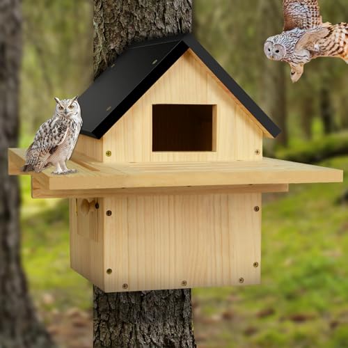 Owl House, Screech Wooden Owl Nesting Box, Weatherproof Design with Bird Stand, Large Opening, Mounted Birdhouse for Garden & Outdoor