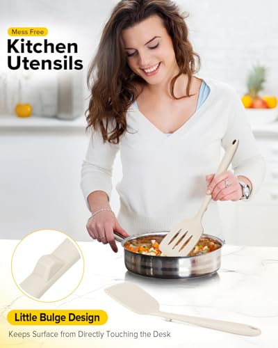 Pack of 2 Silicone Spatula Turners, Non Stick Slotted Kitchen Spatula Set, Heat Resistant BPA Free Kitchen Utensils, One-Piece Design, Suitable for Flipping Fish, Eggs, Steak, Pancakes(KHAKI) - color: Khaki