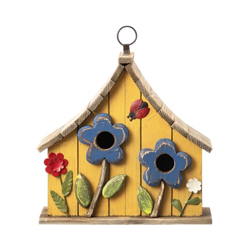 Glitzhome Bird Houses for Outside, 10.75" L Distressed Solid Wood Hanging Birdhouse with 3D Flowers Rustic Two-Story Townhouse Hand-Painted Garden Bird Houses for Outdoors,Washed Yellow - color: 10.75"L 3D Flowers Washed Yellow