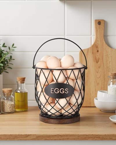 Chicken Egg Basket for Gathering Fresh Eggs, Wire Egg Collecting Basket | Metal Handle, Wooden Base, Round Egg Holder Countertop, Vintage Farmhouse Kitchen Decor, Fruit Storage - color: Rustic Brown