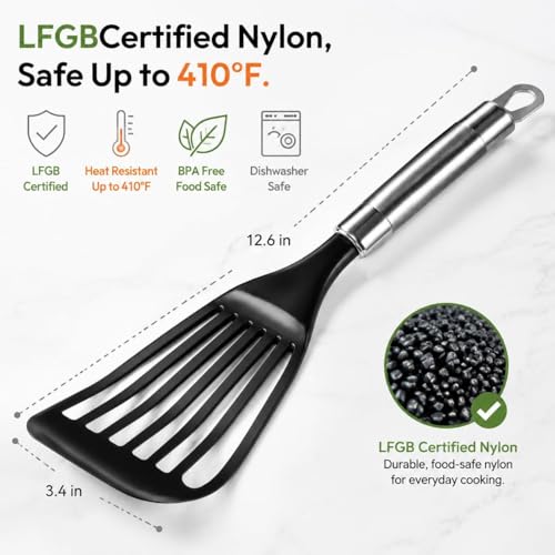 Thin Flexible Fish Spatula for Nonstick Cookware, Black | Egg Flipper Turner w/Hollow Steel Handle, Slotted Angled LFGB Complaint Nylon Blade, Dishwasher Safe, Silver Handle - size: Medium (1 Pack)