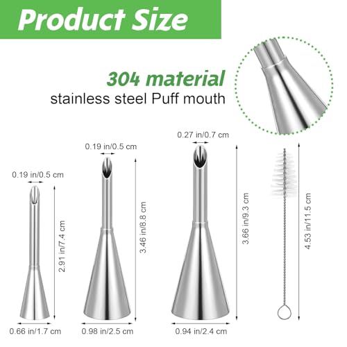 Cream Filling Piping Tip, 3PCS Long Puff Nozzle Tips, for Donuts | with 50 Disposable Pastry Piping Bags, & Injector Tip Cleaning Brush, Cupcakes, Cream Puffs