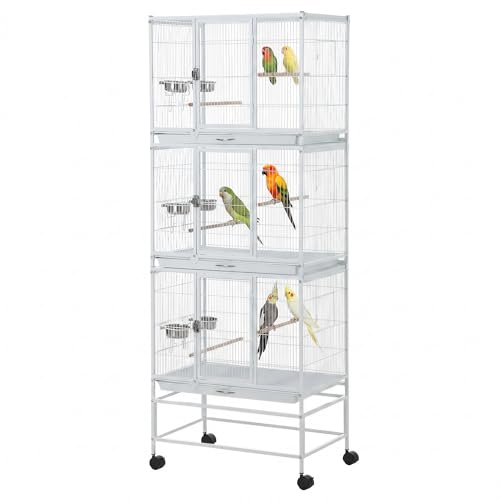 74 Inch Large Bird Cage, Large Flight Aviary with 3 Dividable Compartments for Parakeets Cockatiels Conures Finches, Heavy Duty Breeder Cage with Slide Out Trays for Multi Bird Homes, White - color: White