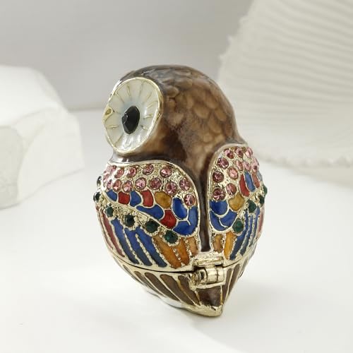 Hand Painted Enamel Owl Trinket Box, Hinged Unique Mini Ring Necklace Jewelry Organizer, Classical Bejeweled Storage, Figurine Collectible Keepsake Home Decor (Mini Owl) - color: Wise Owl