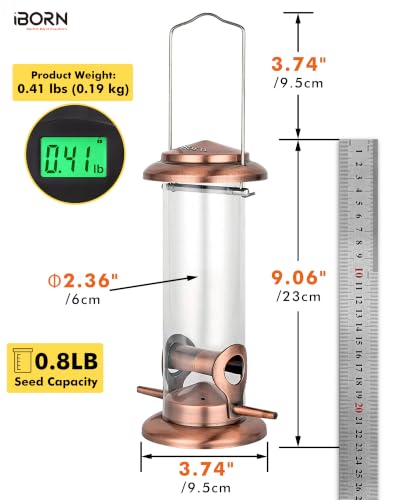 Bird Feeders for Outdoors 9.06" 2 Ports Chew-Resistant, Copper-Plating, 1PK | Metal, Durable Outdoors, Flip-top Easy Refill & Clean, Suits Mixed Seeds, Copper-Plating