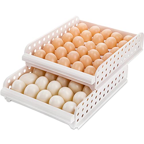 60 Egg Drawer for Refrigerator, 2-Layer Stackable Egg Holder Storage Container for Countertop, Large Capacity Plastic Fresh Egg Tray Dispenser Organizer Keeper with Handle for Kitchen