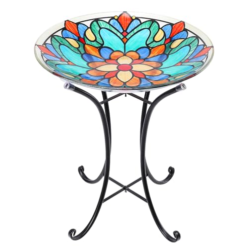 Glass Bird Bath with Metal Stand, Outdoor Bird Feeder Garden Decor | Glass Large Bird Baths Bowl with Metal Stand for Outdoors, Symmetrical Patterns Bird Feeder for Outside Garden, Patio Decor - color: kaleidoscope