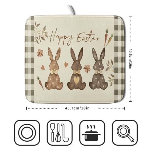Giwawa Happy Easter Dish Drying Mat for Countertop, 16"x18" Cute Bunny Rabbits Eggs Carrot Dish Drainer Mats, Bufflao Plaids Fast Dry Microfiber Large Dish Drying Pad Kitchen Accessories Decor - size: 18" x 16"