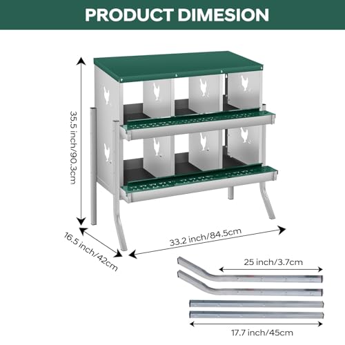 Garvee Chicken Nesting Box, 6 Compartments Nesting Box for Chickens, Galvanized Steel Chicken Laying Box for Easy Egg Collection, Wall Mounting - color: Green | 6 Compartments+legs