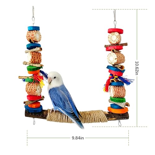 3-in-1 Parrot Toys(Swing + Perch + Chew Toy) | Colorful Parakeet Swing Toy Natural Sisal Rope Adjustable Bird Perch for Chewing and Balance Training for Lovebirds
