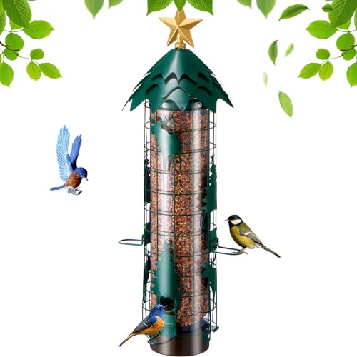 Squirrel Proof Bird Feeders for Outdoors Anti Squirrel Buster Hanging Metal Mesh Wild Bird Seed Feeder with Weight-Activated Perches, 4 Feeding Ports, 2.5LB Capacity, Green | Anti Squirrels Buster Hanging Wild Bird Seed Feeder, Weight-Activated, Chew Resi