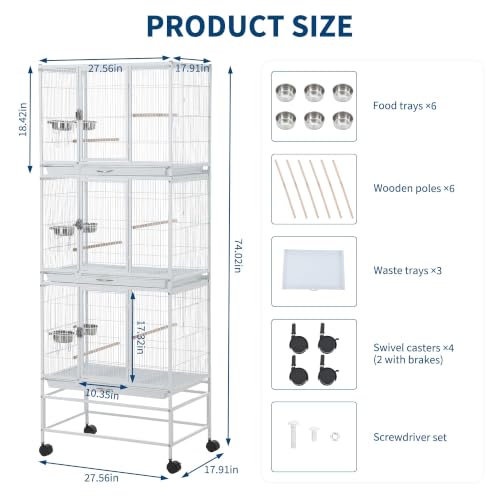 TrailBlaze Heavy Duty Large Bird Cage - 74 Inch Stackable Aviary with 3 Dividable Compartments, Removable Trays, Spacious Flight Enclosure for Parakeets, Cockatiels, Conures, Finches, Easy Clean - color: White