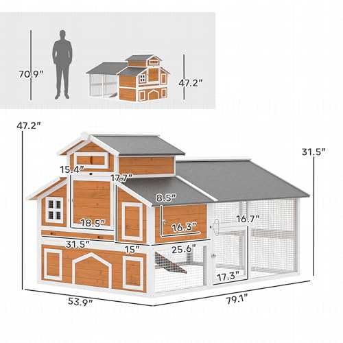 PawHut 79" L Chicken Coop for 6 Chickens with Run 2 Nesting Boxes Orange | Outdoor Wooden Hen House Poultry Cage, Slide-Out Tray, Sliding Rod Door, Roosting Bar, Waterproof Asphalt Roof