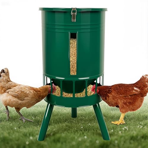 KOL 50LB Metal Chicken Feeder - No Waste, No Clog Design with 16 Ports & Smooth Gravity-Flow, Powder Coated Rust-Proof for Coop Use (Green) - color: Green