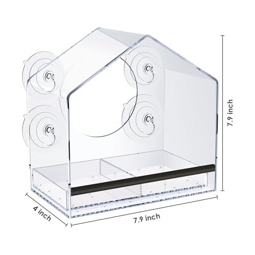 Clear Acrylic Window Bird Feeder with Strong Suction Cups | Extra deep 4.35" removeble tray, 2.36" heavy duty suction cup, bird feeder for window viewing, fits finches, cardinals - color: Black