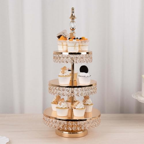 Efavormart 3-Tier Crystal Beaded Gold Metal Cake Stand, Cupcake Tower Dessert Display Stand with Round Mirror Top - 26" Tall - color: Gold, size: 3-Tier 26" Crystal