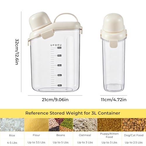 UFORU Cereal Container Storage,Rice Dispenser with Airtight Lid for Kitchen | Clear food storage container with easy pour design for rice, cereal, grains, flour, keeping pantry shelves neat and organized - color: 3L White