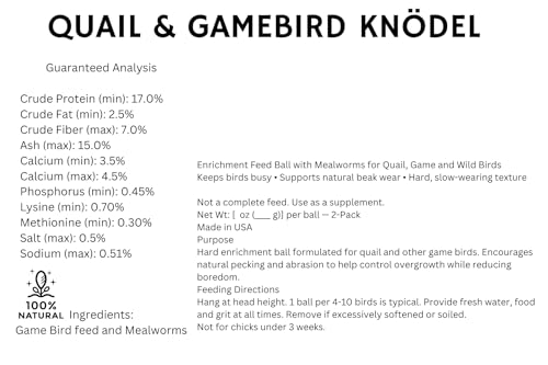 Undique Quail & Gamebird Feed Suet Ball, Enrichment Knödel with Mealworms, 2 Count, Natural Beak Wear & Pecking Behavior