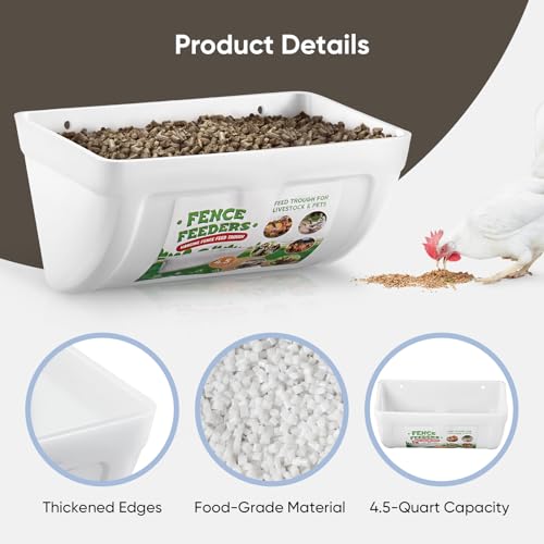 4 Pack Goat Feeders Hanging, 4.5 Quart White Chicken Feeder, Rabbit Feeders | Feed Buckets for Horses with Clips Hanging Fence Feeders, Duck Feeder, Chicken Water Feeder, Poultry Feeding Trough - color: white
