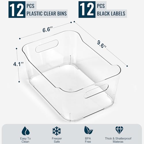 12 PACK Clear Plastic Storage Bins, Kitchen Cabinet Pantry Organizer Bins | Crystal-clear, Thicker, BPA Free, 12 Stickers - Multi-Use Containers for Home, Office, Shelf, Cupboard, Fridge Organization - size: Medium