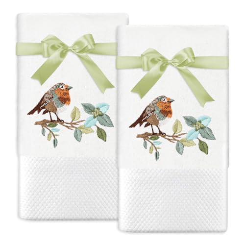 JarThenaAMCS 2Pcs Bird Hand Towels Branch Leaves Bird Embroidered Cotton Bathroom Towels Dish Towel with Ribbons for Drying Cleaning Cooking Gift, 29.5 x 13.7 Inch