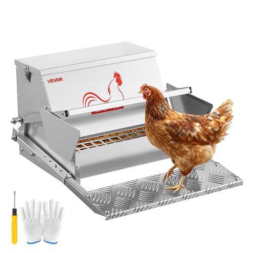 VEVOR Automatic Chicken Feeder, 25 lbs Capacity, Rainproof Treadle Poultry Feeder with Lockable Lid, No Waste, Galvanized Steel Construction, Outdoor Use, for Chicken, Bantams, Poultry, Pheasants