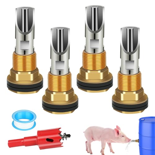 4 Pack Pig Waterer Nipple Kit, Hog Water Nipples for Barrels | Automatic Pig Nipple Water Drinker，304 Stainless Steel，28 mm Hole Opener, PTFE Tape, Pigs and Goats - color: Coppery-4 Pcs