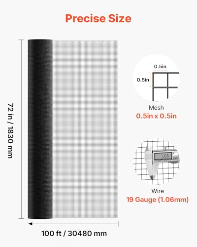 VEVOR Hardware Cloth 72 in x 100 ft, 1/2 in 19 Gauge Galvanized Wire Mesh Roll, Weather-Resistant Vinyl Coated Chicken Wire Fencing, Heavy Duty Welded Garden Plant Fencing for Rabbit Cage Snake Fence - size: 72in*100ft